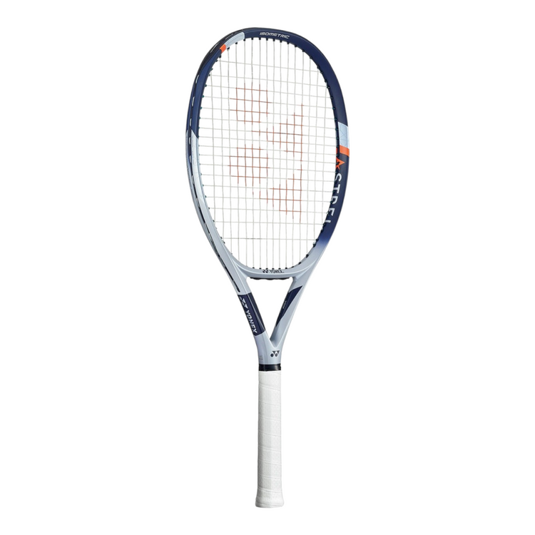 Raqueta de tenis Radach Sports Yonex Astrel 105 ligera en color azul y plata con diseño isométrico