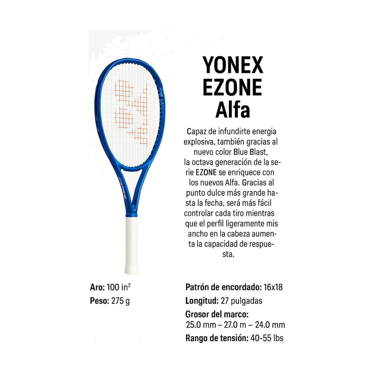 Raqueta de tenis Radach Sports Yonex Ezone Alfa color azul con cabeza de 100 pulgadas y diseño ergonómico