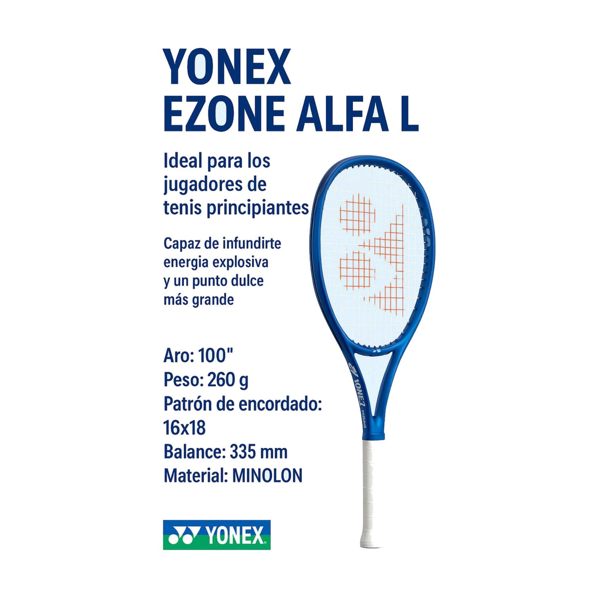 Raqueta de tenis Yonex Ezone Alfa L color azul de Radach Sports para principiantes con marco de grafito y Minolon