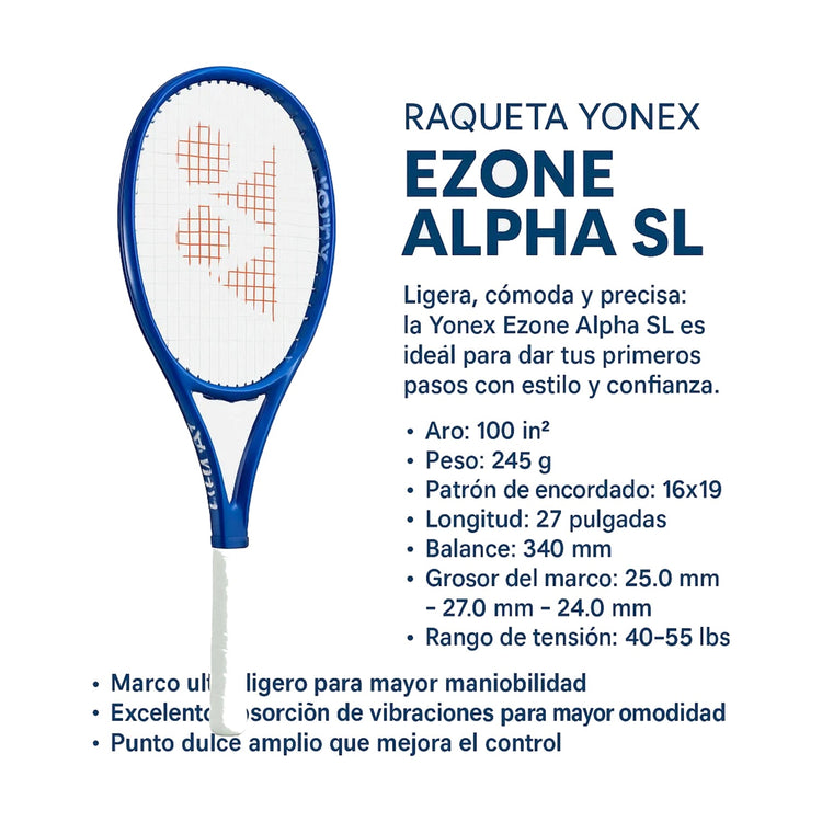 Raqueta de tenis Radach Sports Yonex Ezone Alpha SL azul, ligera y potente para principiantes con marco de grafito.