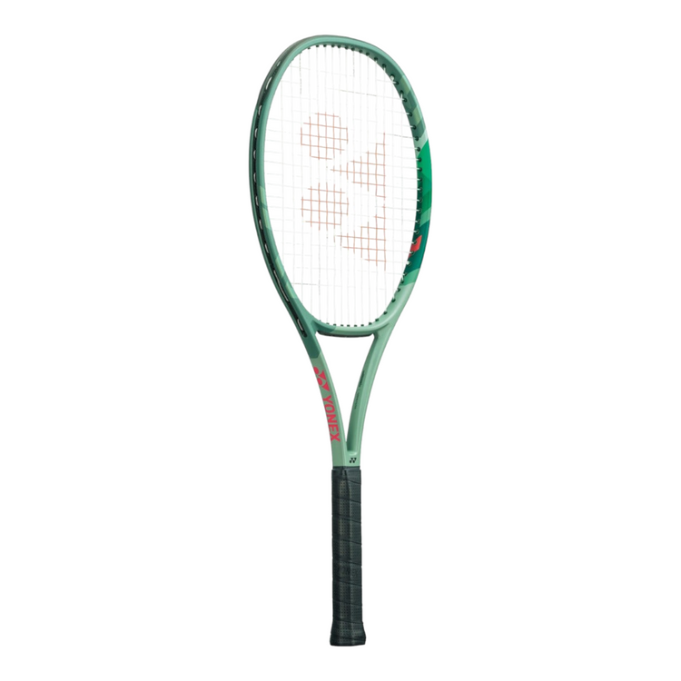 Raqueta de tenis Radach Sports Yonex Percept 97H en color verde oliva con detalles fucsia y empuñadura negra