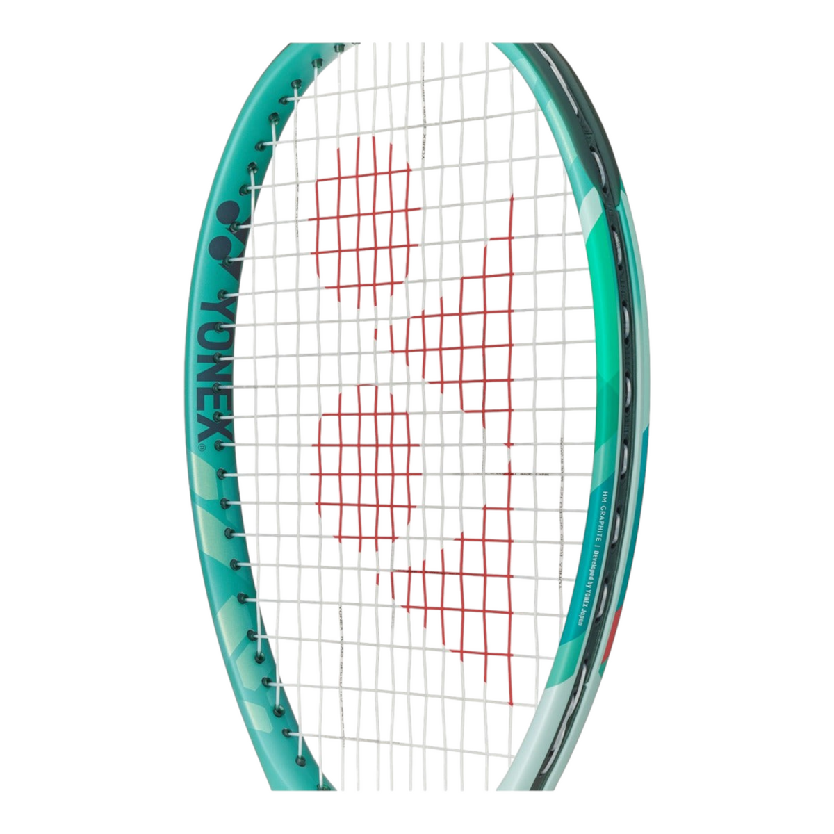 Raqueta de tenis Yonex Percept Game de Radach Sports en color verde azulado con marco de grafito y encordado