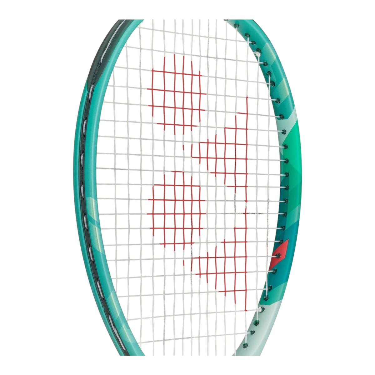 Raqueta de tenis Yonex Percept Game de Radach Sports en color verde azulado con patrón de encordado profesional