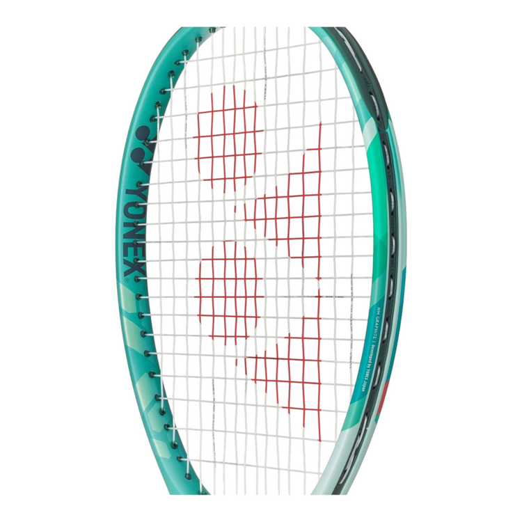 Raqueta de tenis Radach Sports Yonex Percept Game en color verde azulado con marco de grafito y encordado profesional