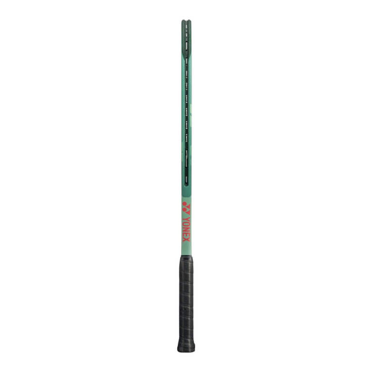 Raqueta de tenis Radach Sports Yonex Percept 97H en color verde oliva con detalles fucsia y empuñadura negra