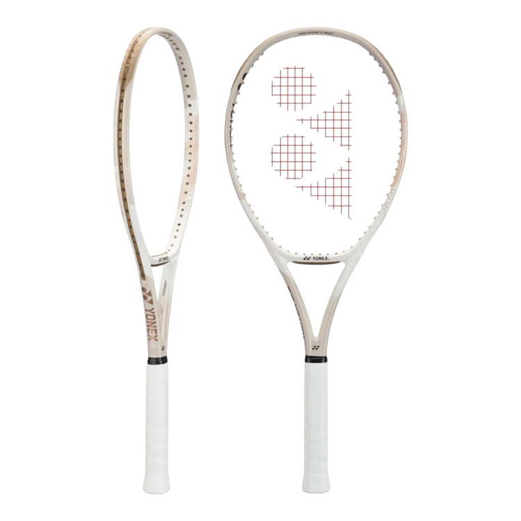 Raqueta de tenis Radach Sports Yonex Vcore 98 color arena beige con diseño aerodinámico e isométrico