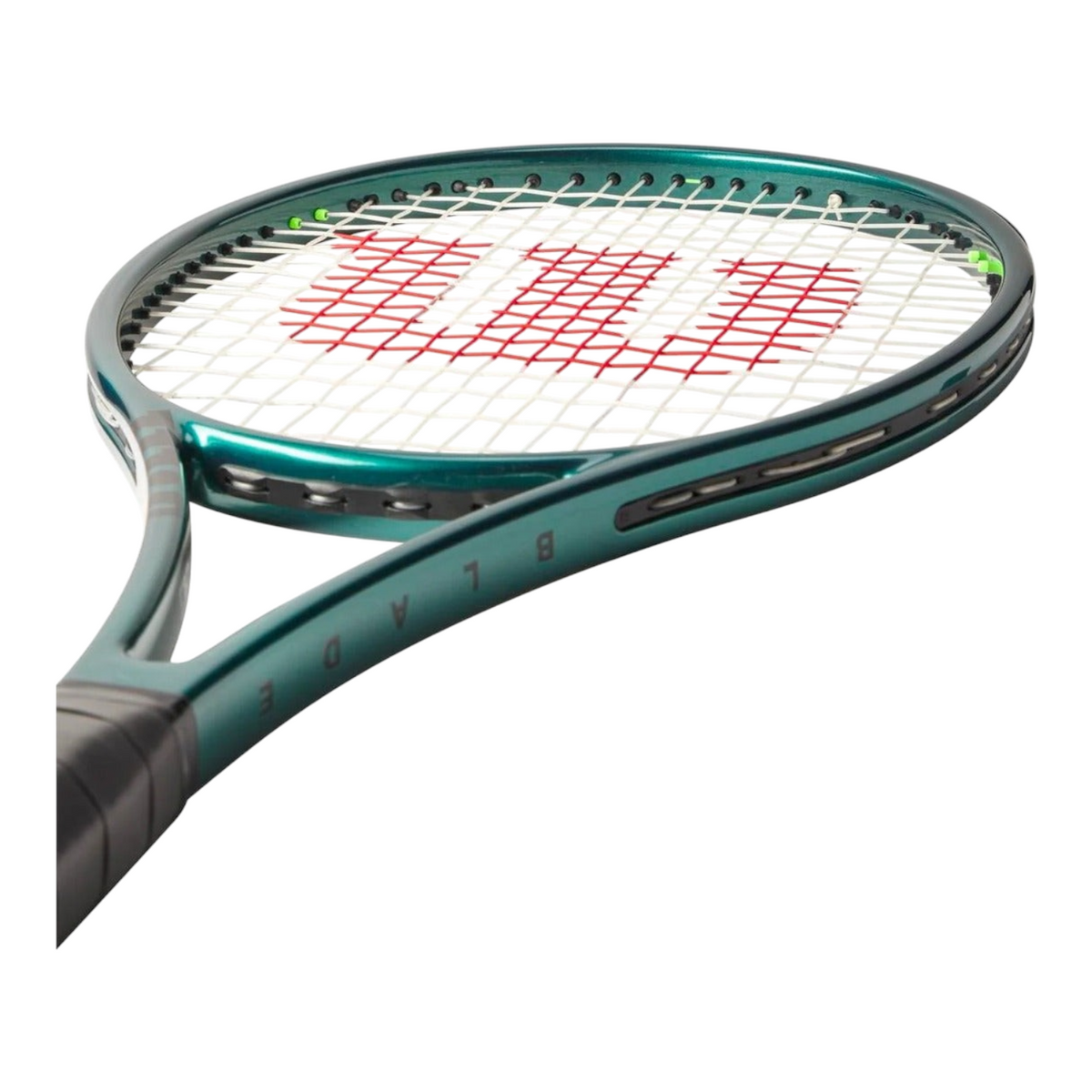 Raqueta de tenis Radach Sports Wilson Blade Pro 98 V9 en color verde esmeralda con patrón de encordado 16x19