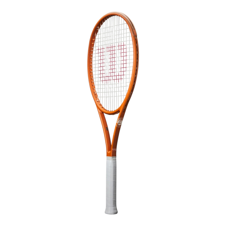 Raqueta de tenis Wilson Blade 98 V9 Roland Garros 2025 de Radach Sports con marco naranja y patrón 16x19