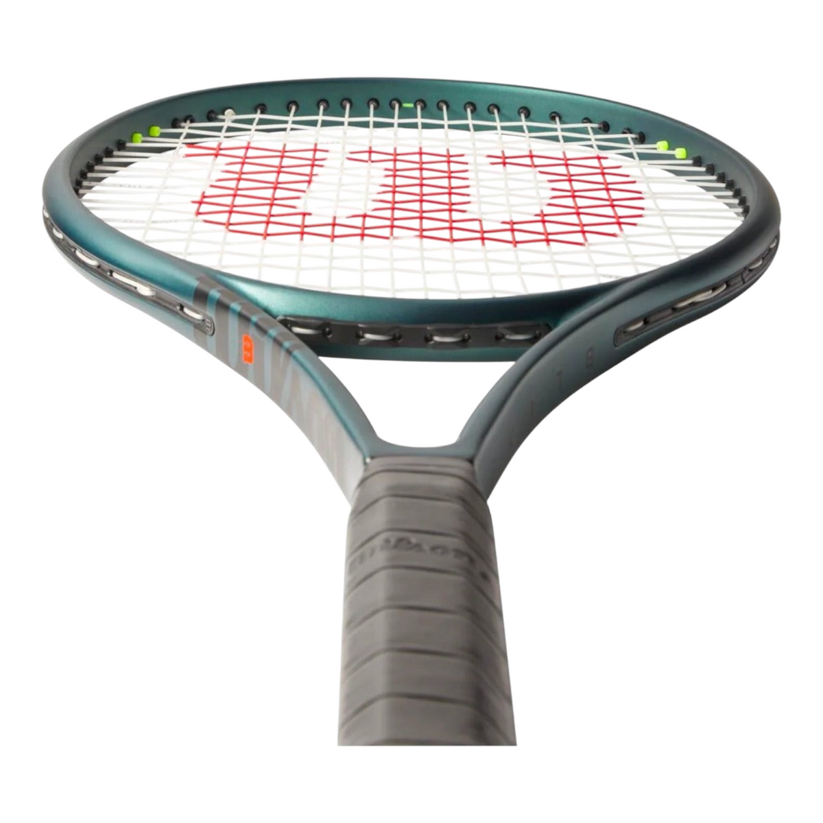 Raqueta de tenis Radach Sports Wilson Blade 100L V9 en color verde esmeralda mate con detalles en naranja
