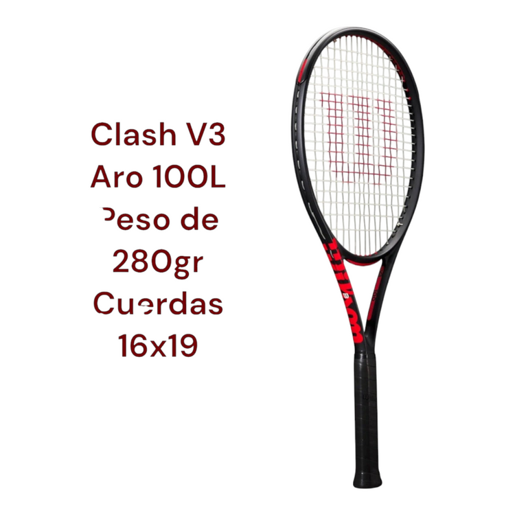Raqueta de tenis Wilson Clash 100L V3.0 color negro y rojo de Radach Sports con patrón de encordado 16x19