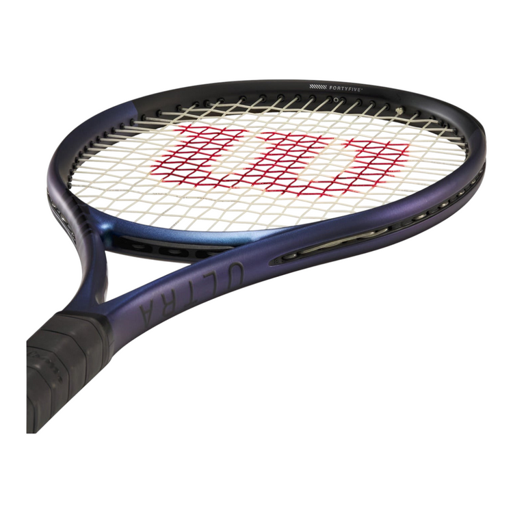Raqueta de tenis Radach Sports Wilson Ultra 100UL V4 azul con acabado iridiscente y marco de fibra de carbono