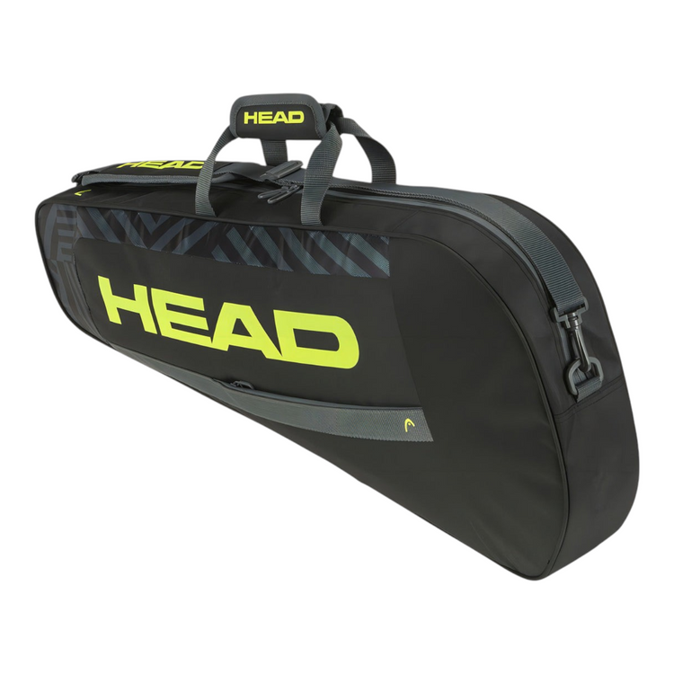 Raquetero Radach Sports Head Base S negro con detalles en amarillo neón, capacidad para 3 raquetas y correa ajustable.