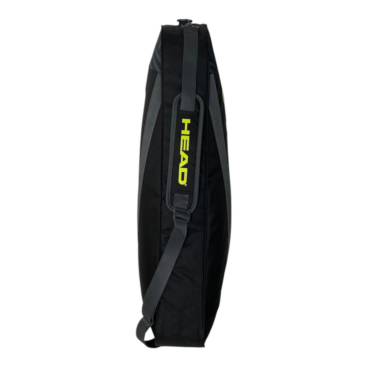 Raquetero Radach Sports Head Base S negro con correa ajustable y logo en amarillo para tres raquetas de tenis