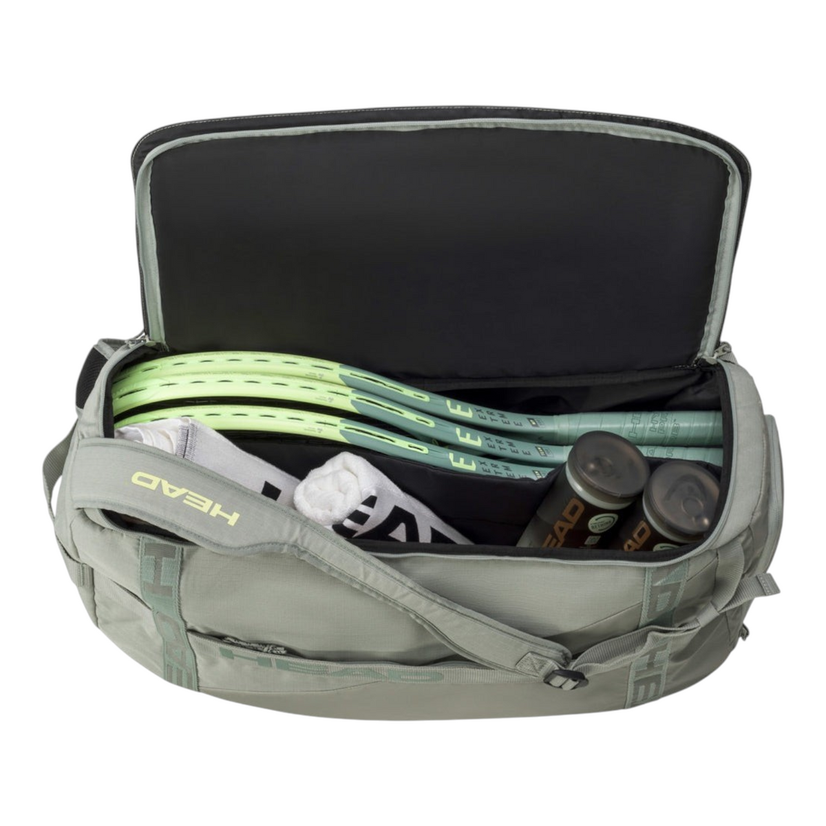 Raquetero Radach Sports Head Pro Duffle Bag M LNLL en color verde con raquetas y accesorios de tenis en su interior