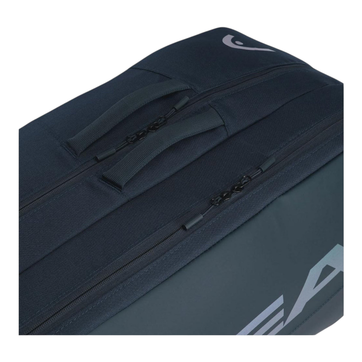 Detalle de asas y cremalleras del raquetero Radach Sports Head Tour L en color azul marino con logo estampado