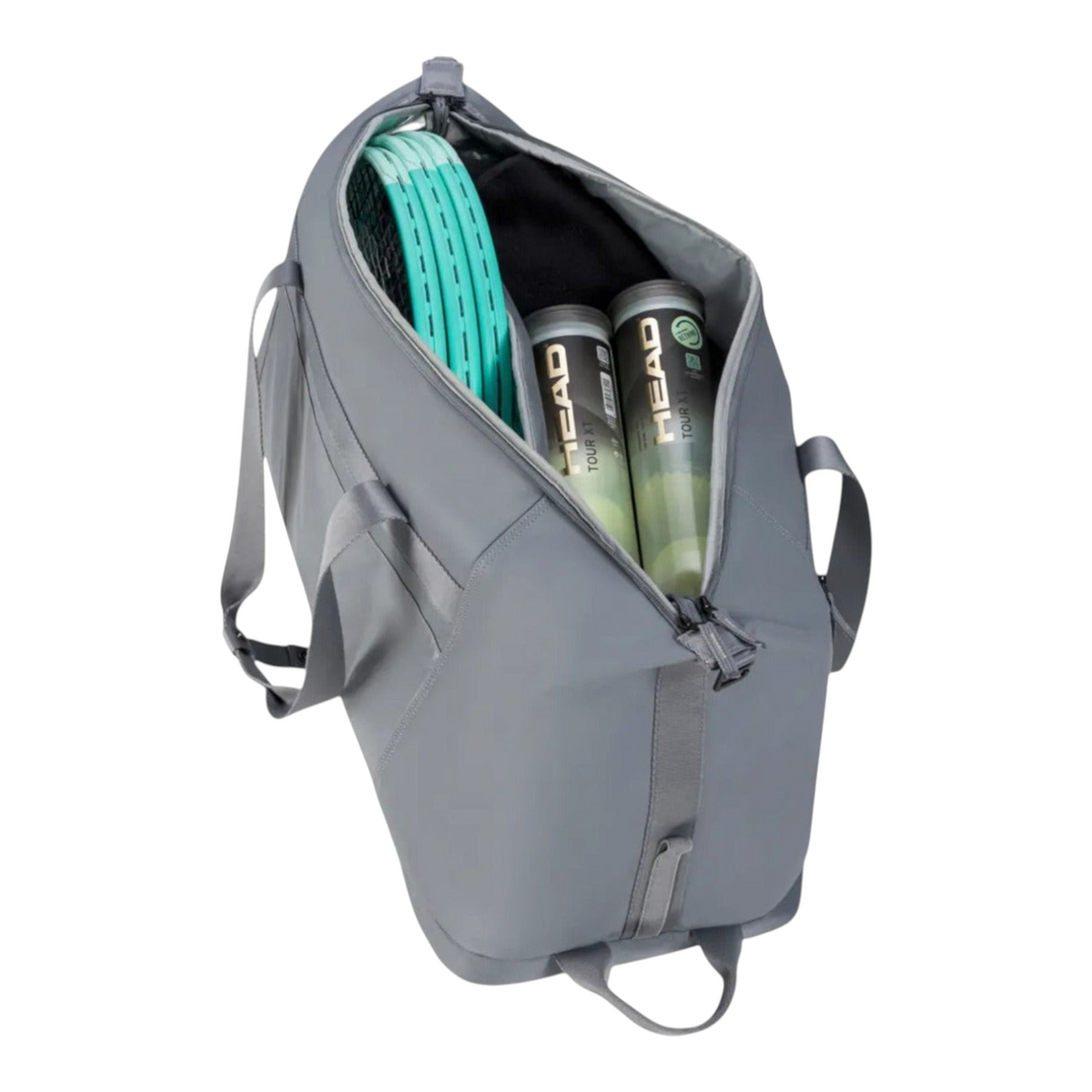 Raquetero Radach Sports Head Tour Duffle Bag gris con raqueta y botes de pelotas en el interior