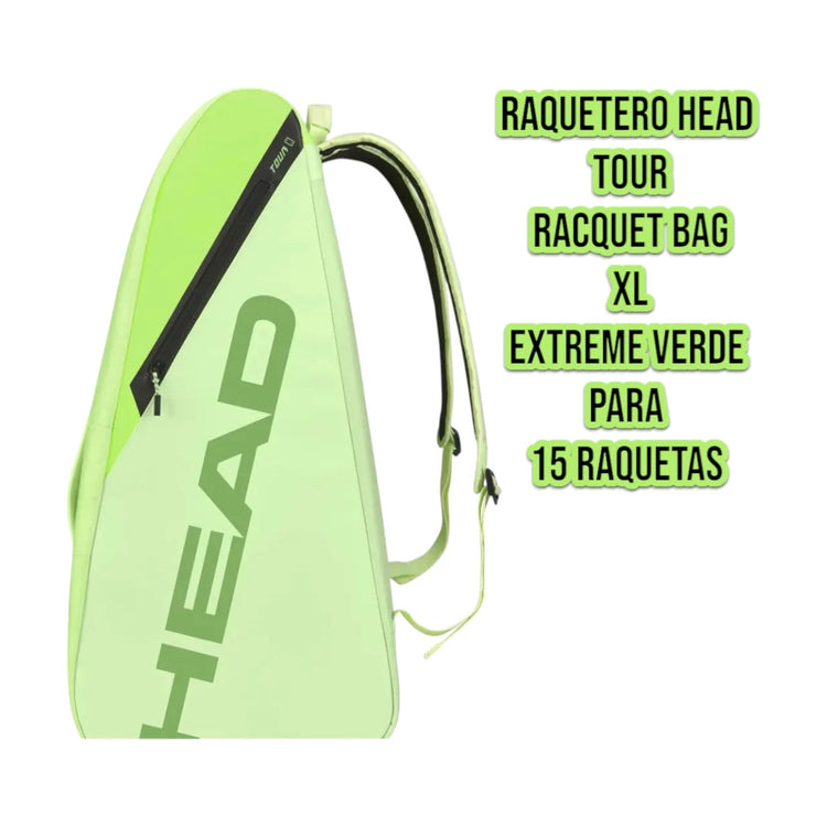 Raquetero Radach Sports Head Tour XL Extreme en color verde fosforescente con capacidad para 15 raquetas y correas