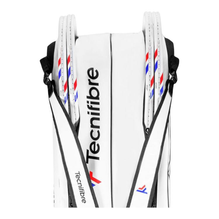 Raquetero Radach Sports Tecnifibre Tour Endurance 12R blanco con capacidad para raquetas y detalles en azul y rojo