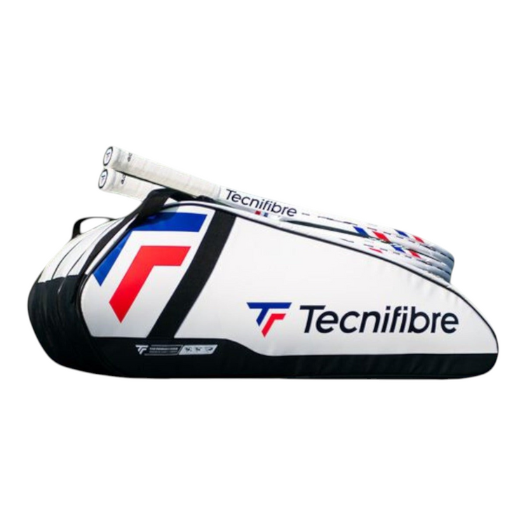 Raquetero Radach Sports Tecnifibre Tour Endurance 12R blanco con detalles en azul y rojo y raquetas de tenis
