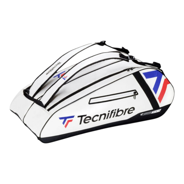 Raquetero Radach Sports Tecnifibre Tour Endurance 12R blanco con detalles en azul y rojo, resistente e impermeable.