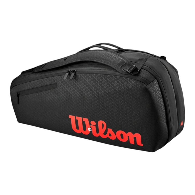 Raquetero Radach Sports Wilson Clash V3 negro con detalles rojos, capacidad para 6 raquetas y patrón triangular