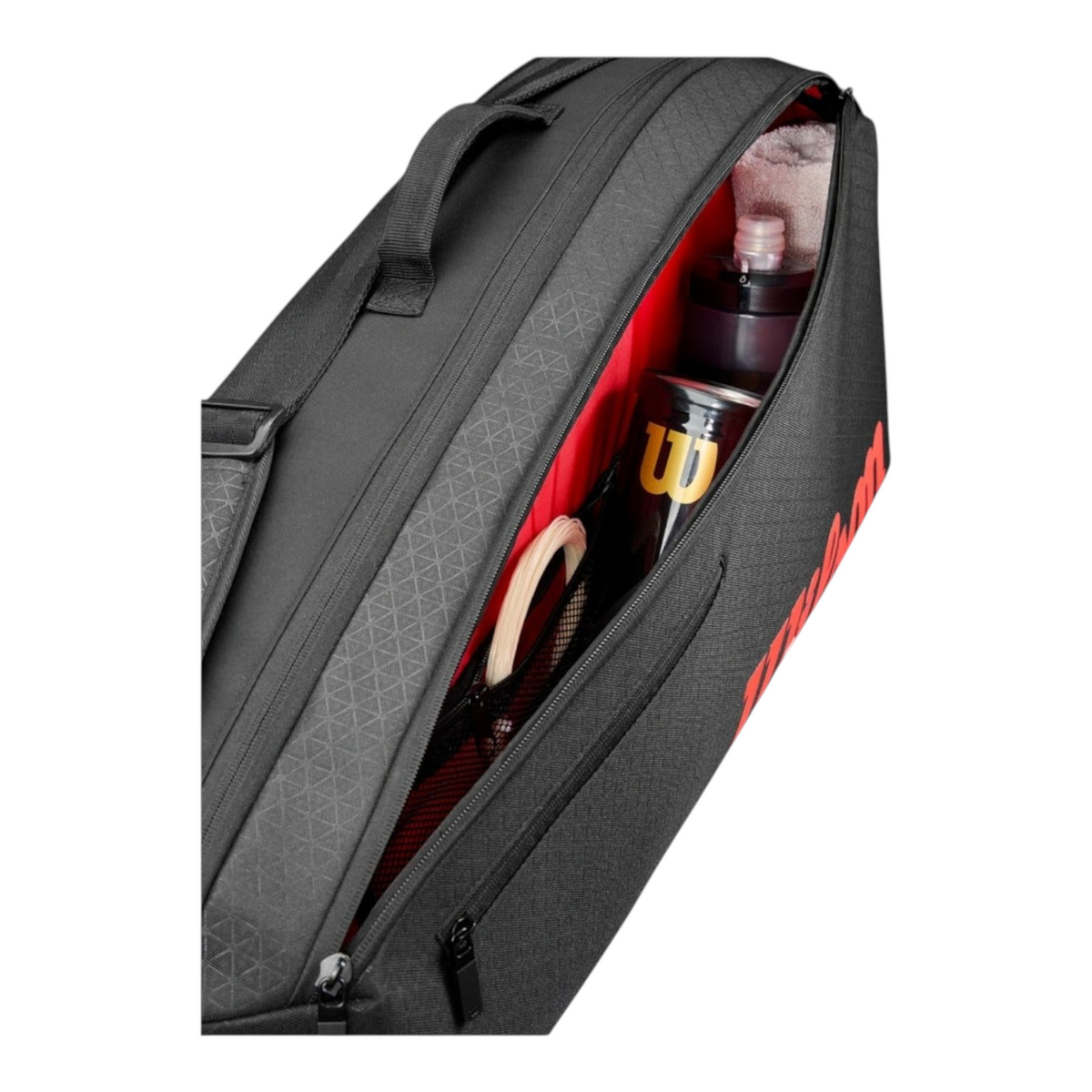 Raquetero Radach Sports Wilson Clash V3 3pk negro con detalles rojos, compartimento lateral abierto con accesorios