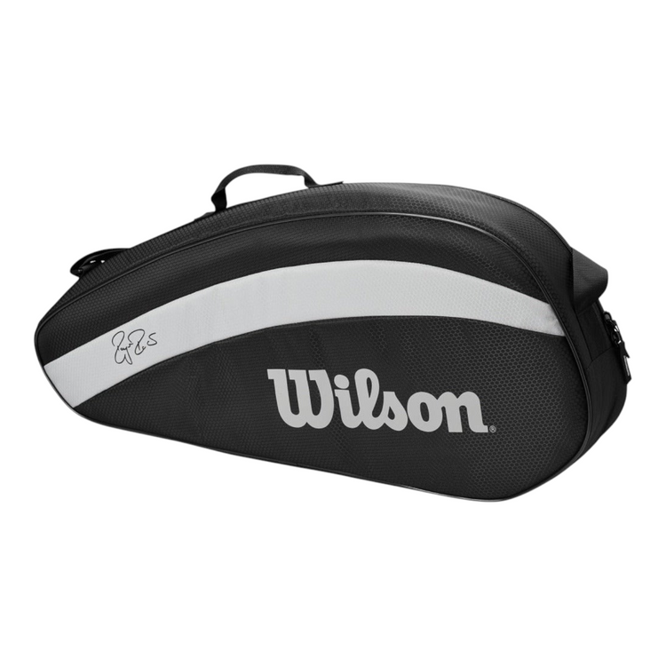 Raquetero Radach Sports Wilson Federer Team 6 pack en color negro y gris con firma de Roger y logo serigrafiado