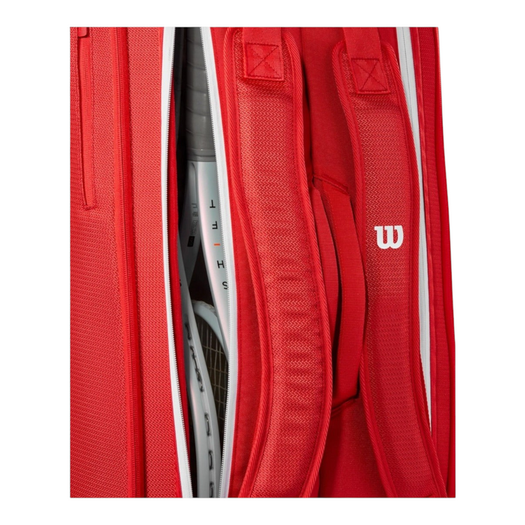 Detalle de correas acolchadas y compartimento de raquetero Radach Sports Wilson Super Tour rojo para 9 raquetas