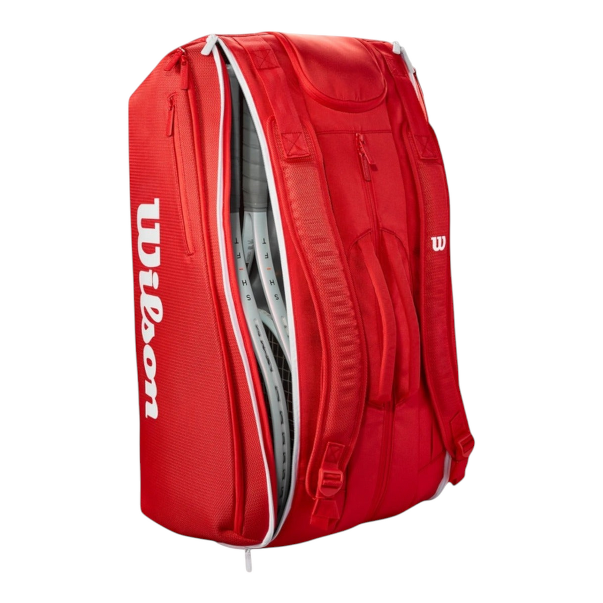 Raquetero Radach Sports Wilson Super Tour 15pk rojo con compartimentos térmicos y correas acolchadas para tenis