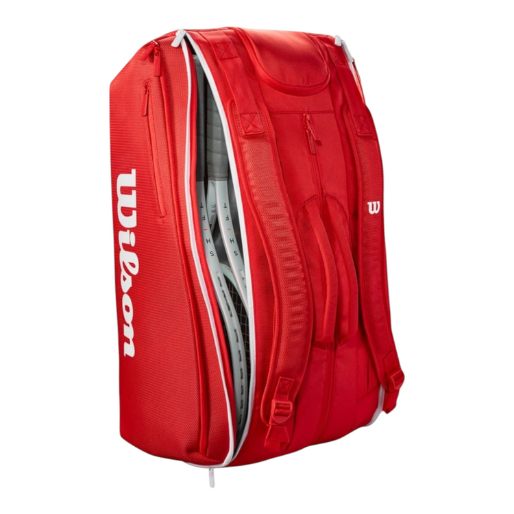 Raquetero Radach Sports Wilson Super Tour 15pk rojo con compartimentos térmicos y correas acolchadas para tenis