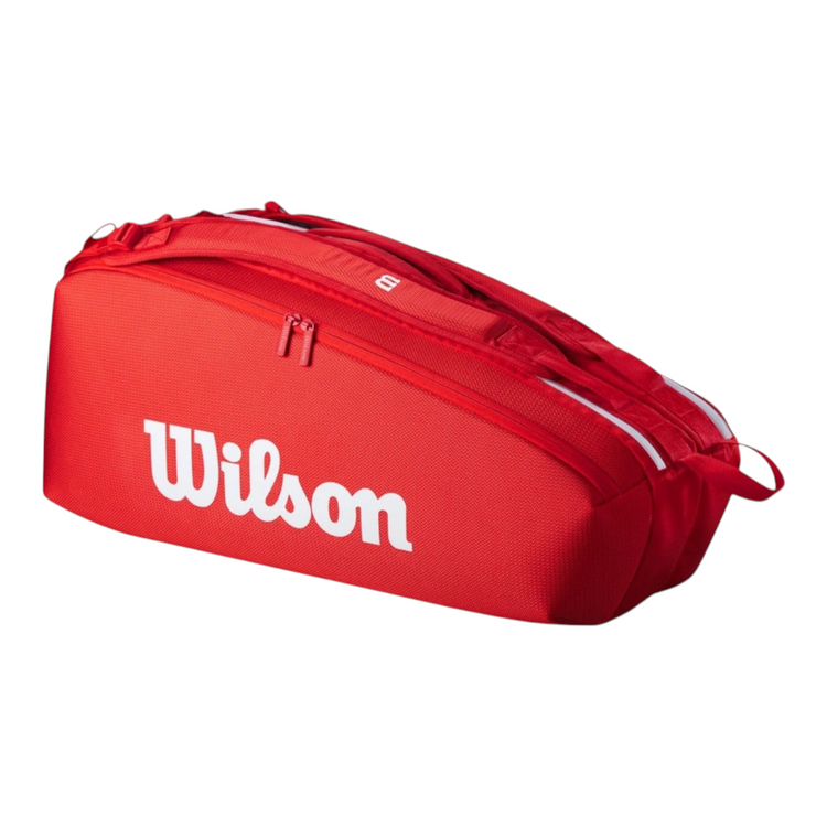 Raquetero Radach Sports Wilson Super Tour rojo para 6 raquetas con compartimentos y correas acolchadas