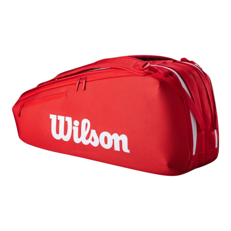 Raquetero Radach Sports Wilson Super Tour rojo para 6 raquetas con compartimentos y correas acolchadas
