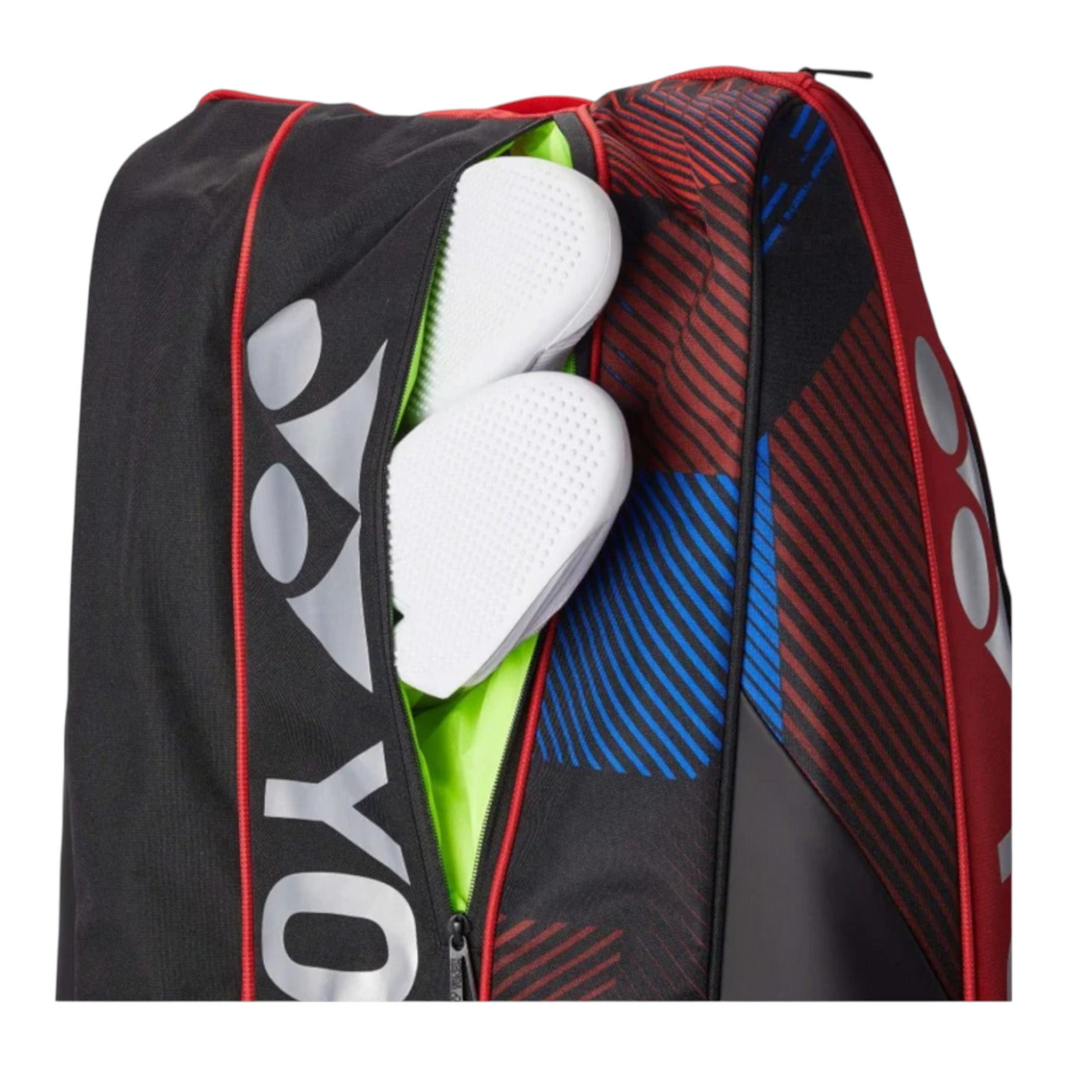 Raquetero Radach Sports Yonex Pro 9 raquetas color escarlata con compartimento para calzado y detalles geométricos