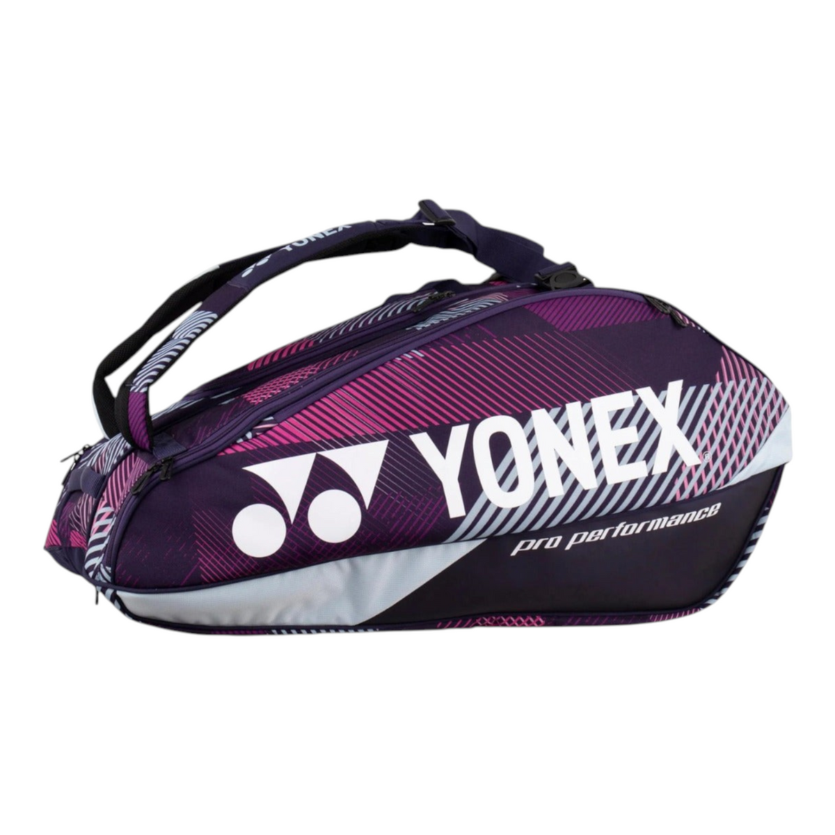 Raquetero Radach Sports Yonex Pro de 9 raquetas en color morado con diseño geométrico y compartimento térmico