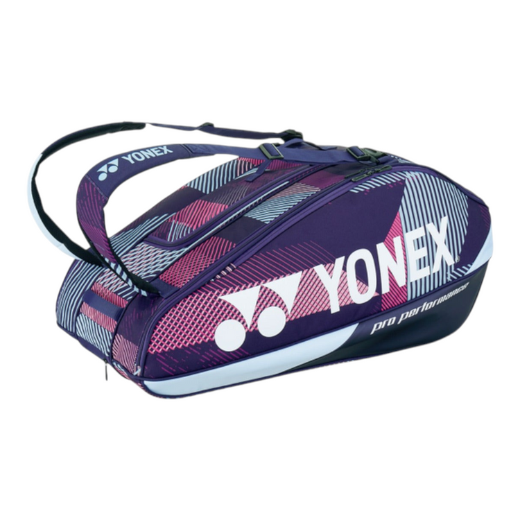 Raquetero Radach Sports Yonex Pro de color uva con diseño geométrico, capacidad para 9 raquetas y correas acolchadas.