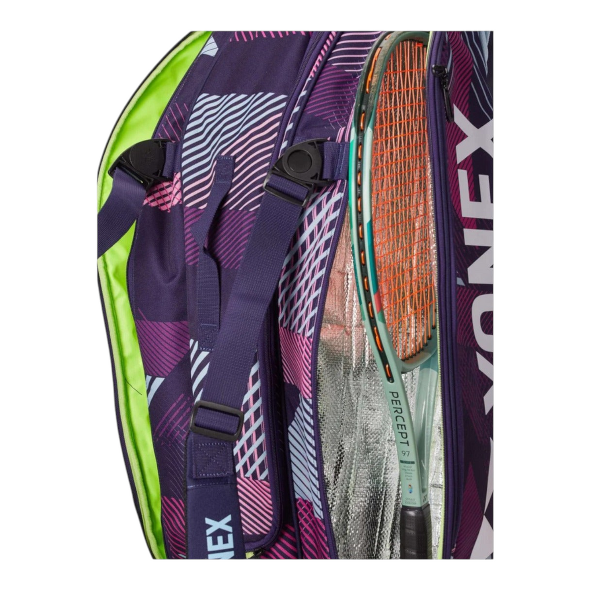 Raquetero Radach Sports Yonex Pro 9 raquetas color uva con compartimento térmico y diseño geométrico