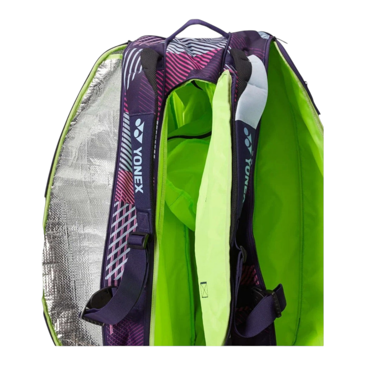 Raquetero Radach Sports Yonex Pro 9 raquetas color uva con compartimento térmico interior verde neón y correas