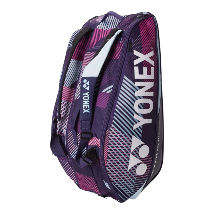 Raquetero Radach Sports Yonex Pro 9 raquetas en color uva con diseño geométrico y compartimentos térmicos