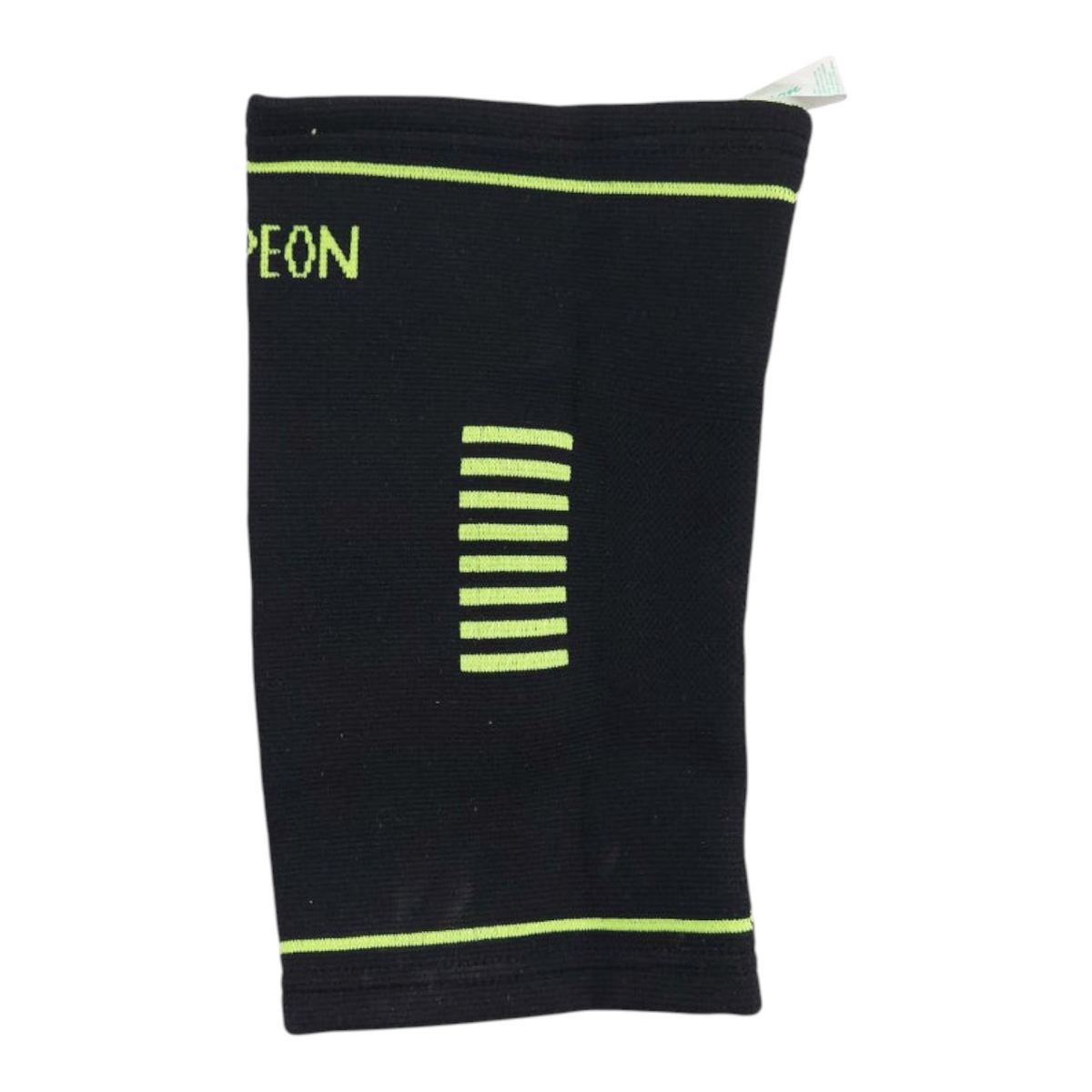 Rodillera elástica negra Radach Sports con detalles en verde neón para soporte y compresión deportiva