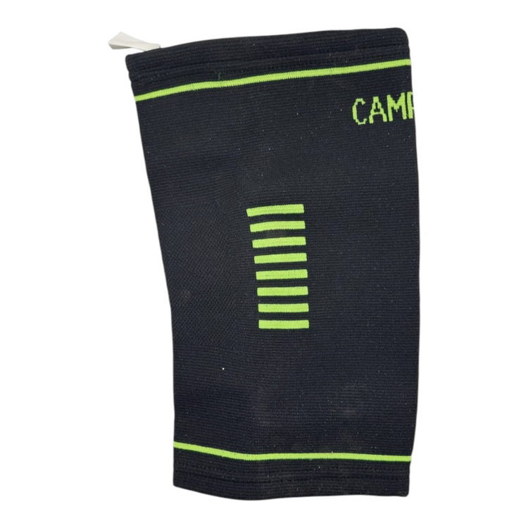 Rodillera elástica Radach Sports color negro con detalles en verde neón para soporte deportivo y compresión