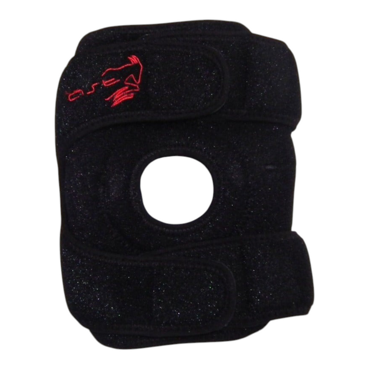 Rodillera de neopreno ajustable Radach Sports en color negro con logotipo rojo y orificio central para soporte