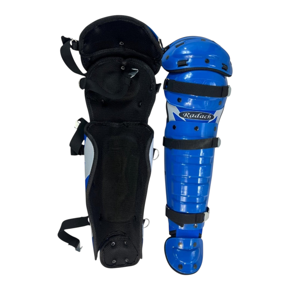 Rodilleras de catcher Radach Sports para adulto en color azul rey con acolchado interno negro y correas ajustables