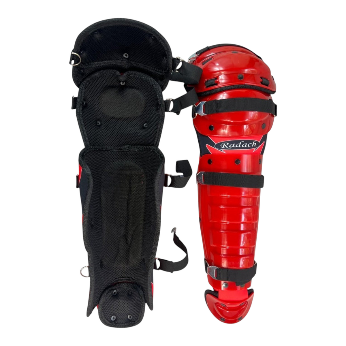 Rodilleras de catcher Radach Sports color rojo con interior acolchado negro y correas de ajuste para béisbol adulto