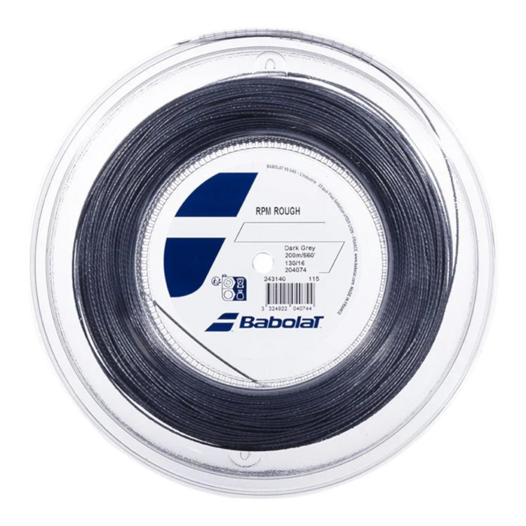 Rollo de cuerda para raqueta Babolat RPM Rough 1.30mm en color negro, disponible en Radach Sports