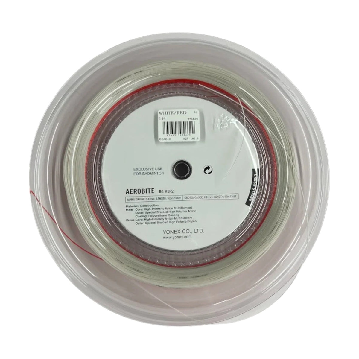 Rollo de cuerda híbrida para bádminton Yonex Aerobite en color blanco y rojo disponible en Radach Sports