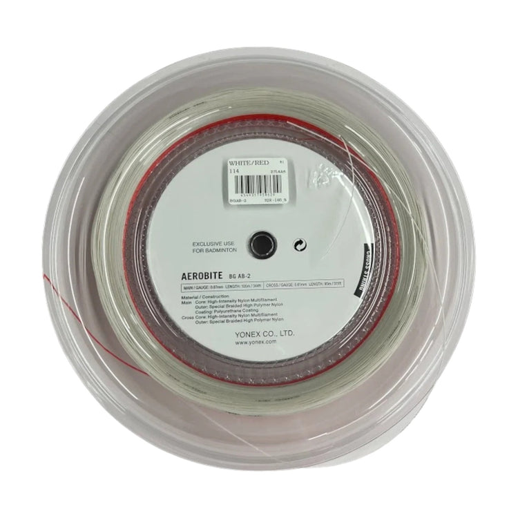 Rollo de cuerda híbrida para bádminton Yonex Aerobite en color blanco y rojo disponible en Radach Sports
