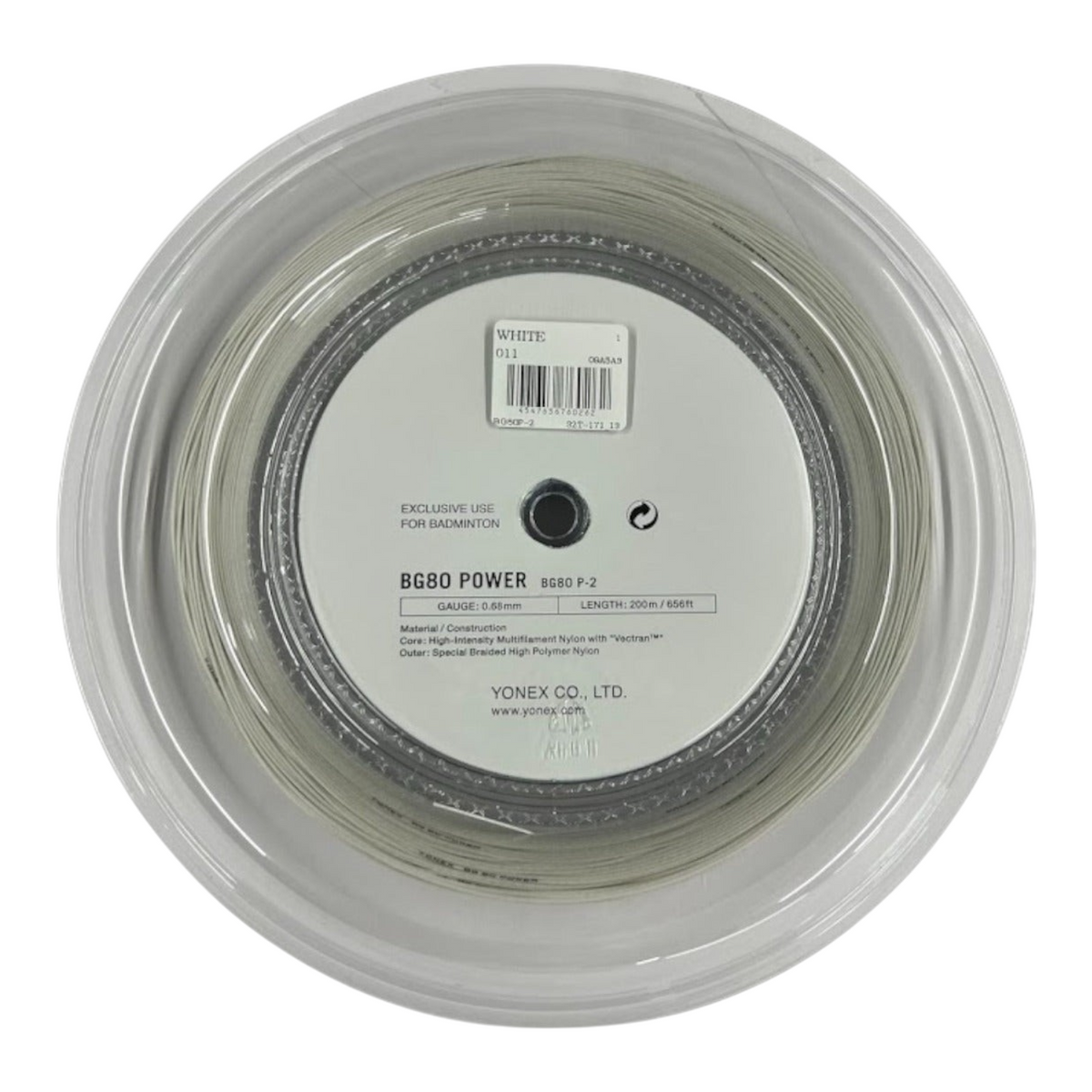 Rollo de cuerda para bádminton Yonex BG80 Power color blanco de 200 metros disponible en Radach Sports