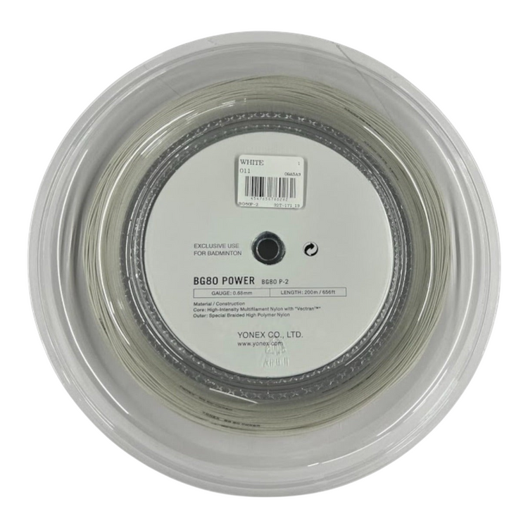 Rollo de cuerda para bádminton Yonex BG80 Power color blanco de 200 metros disponible en Radach Sports