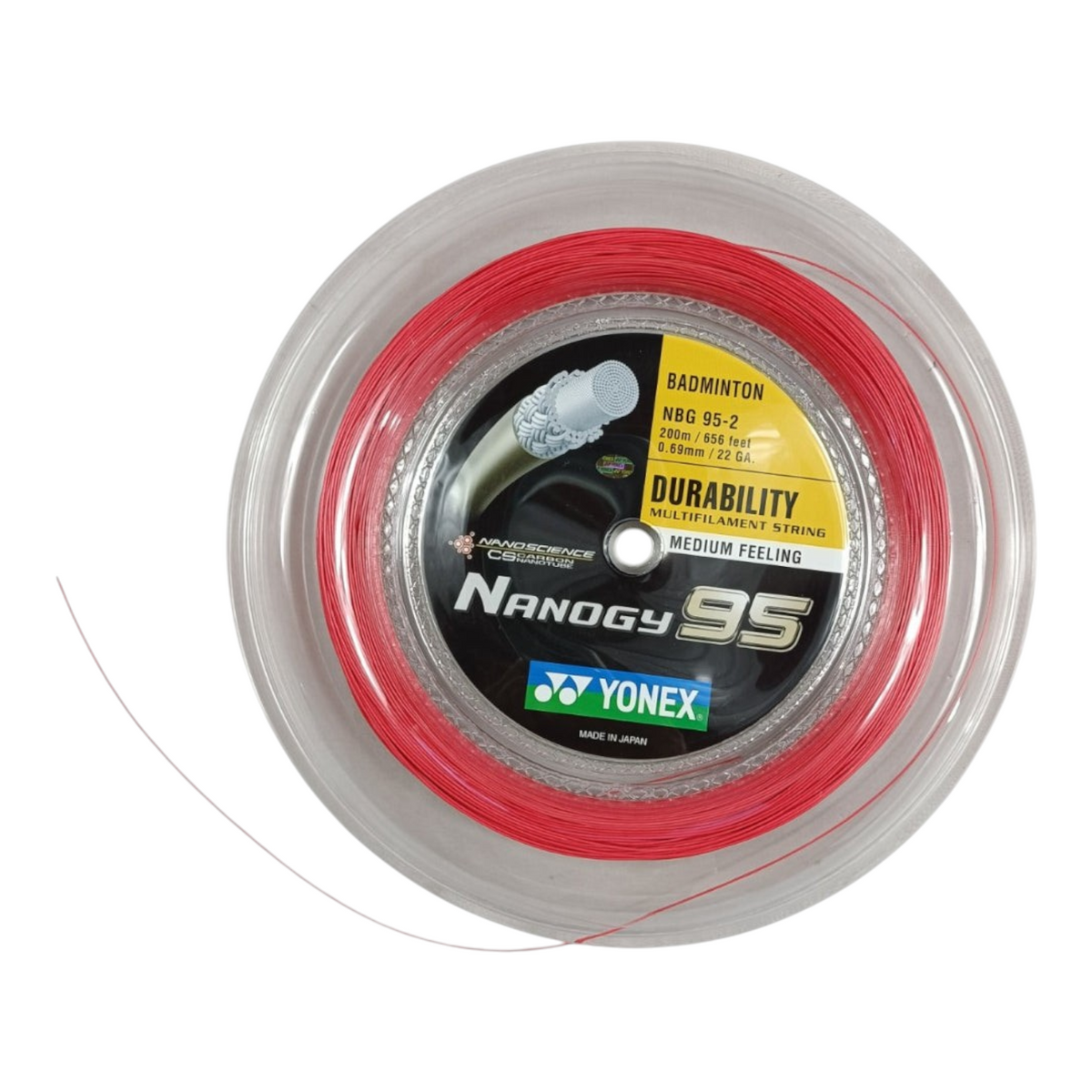 Rollo de cuerda de bádminton Radach Sports Yonex Nanogy 95 en color rojo, 200 metros de multifilamento duradero.
