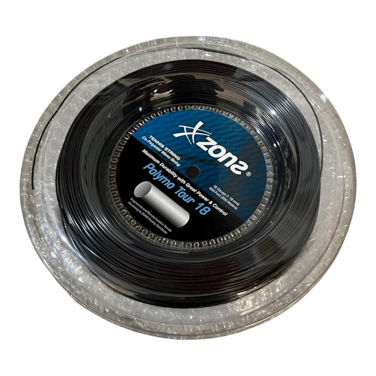Rollo de cuerda para raqueta Radach Sports Zons Polymo Tour calibre 18 de color negro en empaque protector